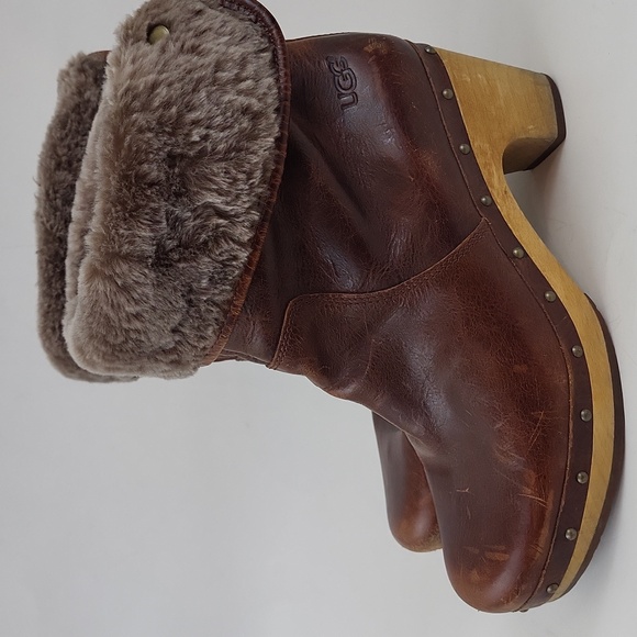UGG Shoes - UGG Fold Over Shearling Leather Brown Mid Calf Lynnea II 1001793 Clog Boot Sz 8